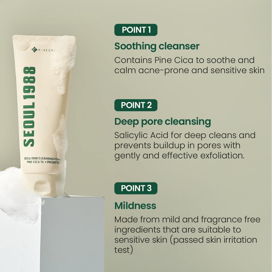 [K-SECRET] SEOUL 1988 Cleansing Foam : Pine Cica 1% + Probiotics 150ML